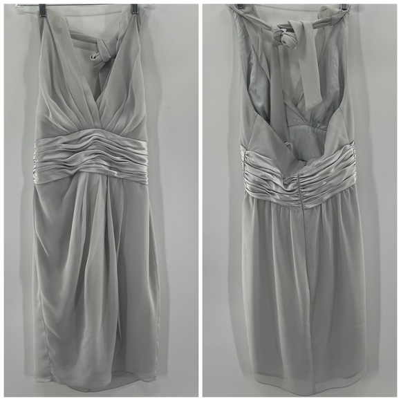 Maggie London Light Grey Silver Halter Tie Faux Wrap Chiffon Mini Dress Size 8 - Picture 1 of 5